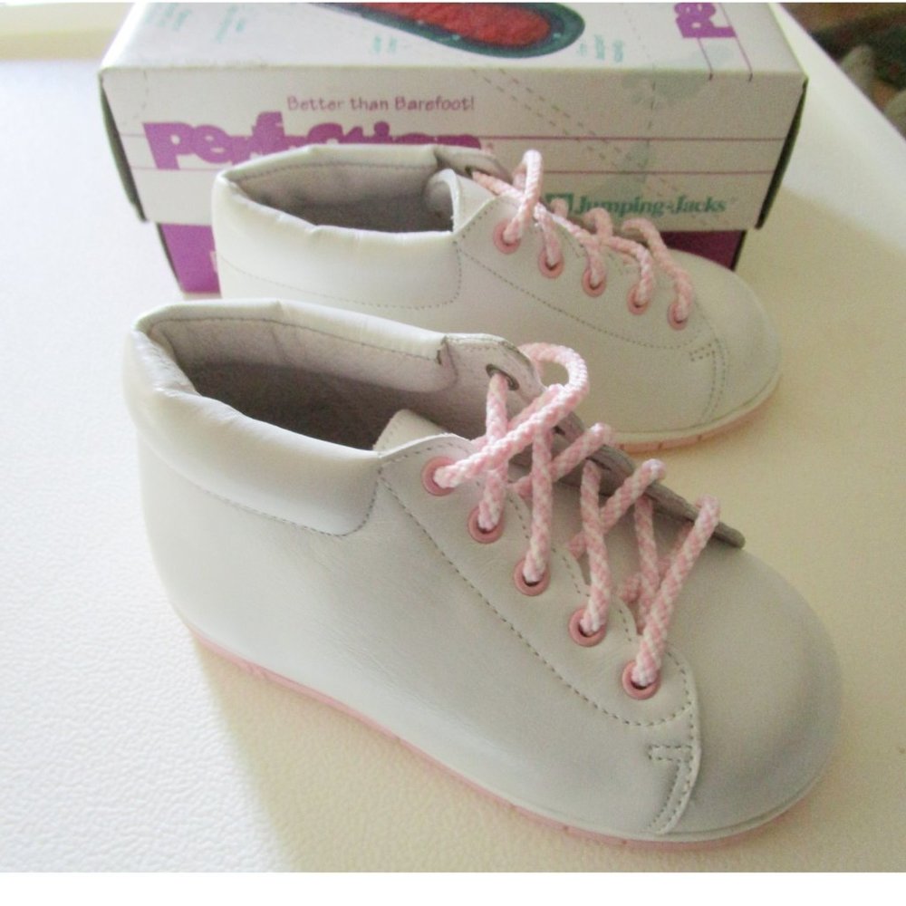 Perfection by Jumping Jacks Walking Toddler Shoes White Leather w/Pink Trim New